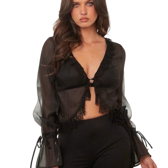 Black Sheer Black Ruffle Boho Blouse Long Sleeve M. - Picture 3 of 10